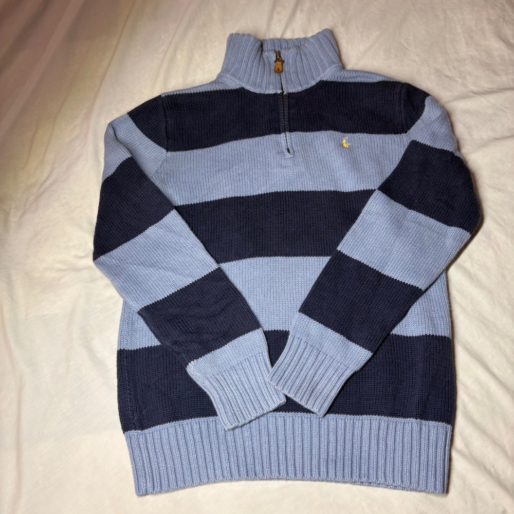 Polo Ralph Lauren Boys L 14-16 Blue Striped 1/4 Zip Cotton Sweater Pullover